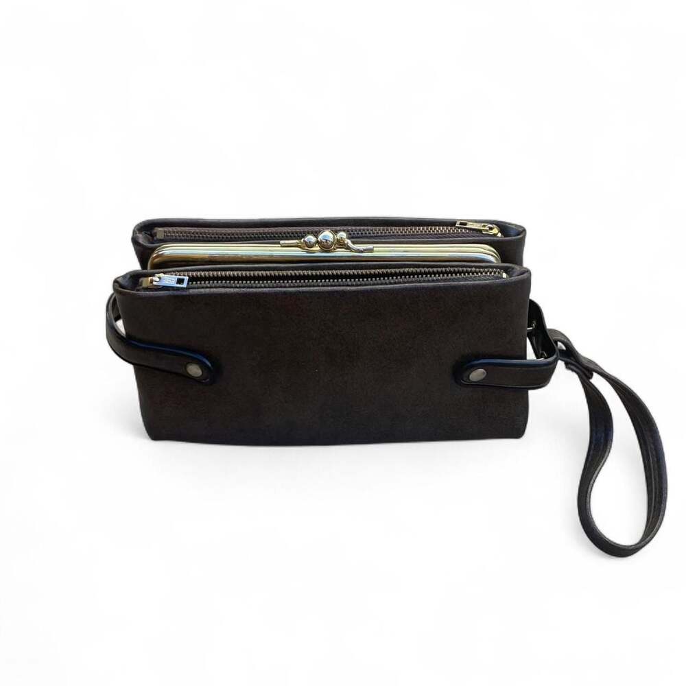 Vintage Brown Leather Multi-Compartment Kiss-Lock Wristlet Wallet